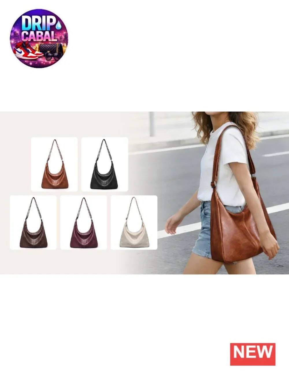 Vegan Leather Slouchy Hobo Shoulder Bag Tote with Adjustable Strap
